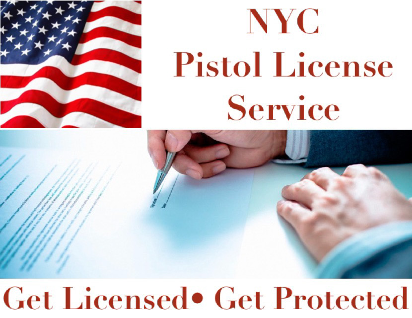 Advertisement for NYC pistol license service with American flag and hand signing a document.